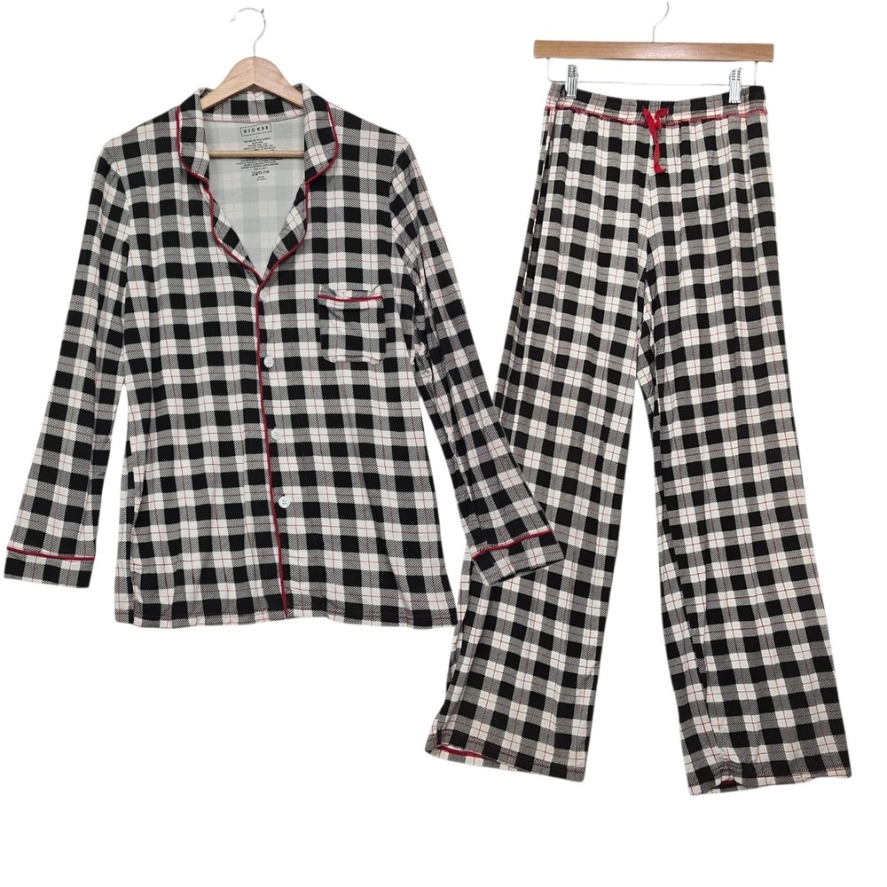 Kickee Pants Pajama Set Size Small Black White Buffalo Plaid Bamboo Long Sleeve